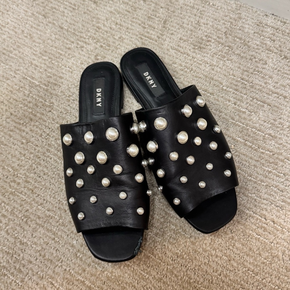 DKNY Black Mules with Pearl Accents